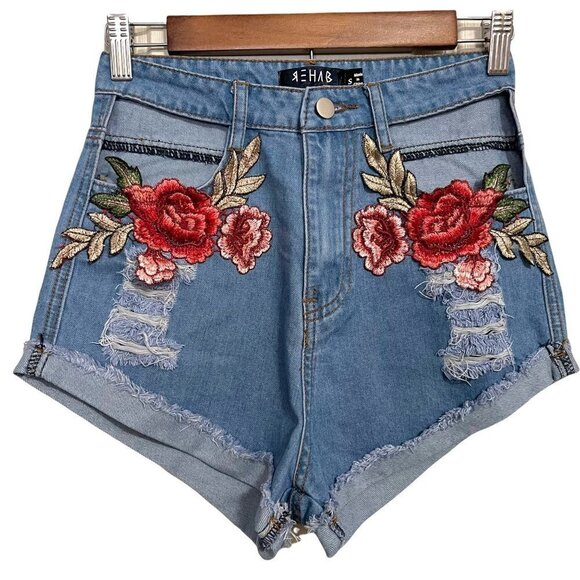 Rehab Women's Floral Embroidered Distressed Cut Out High Rise Jean Shorts Small - Picture 1 of 8